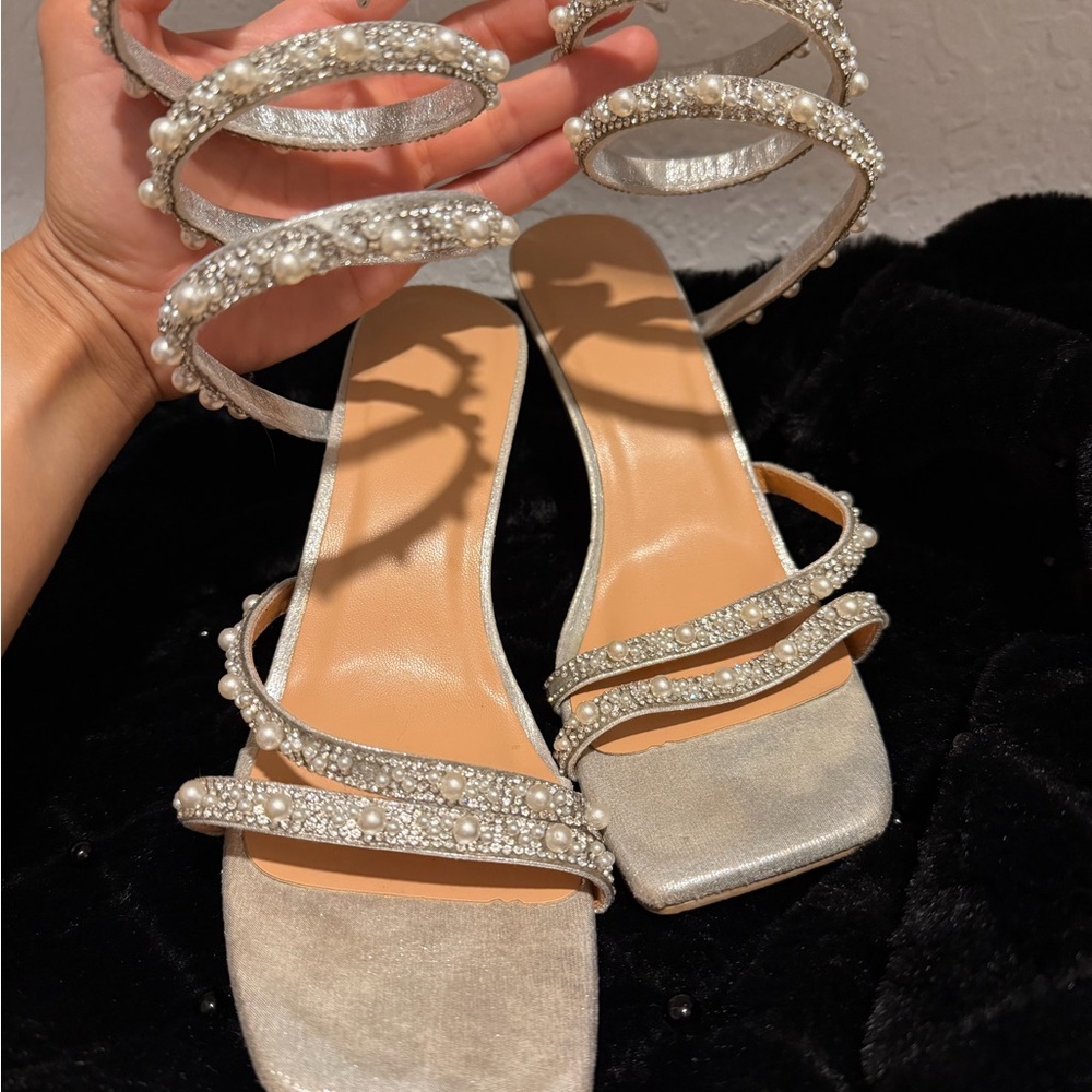 Pearl & Crystal Embellished Silver Strappy Sandals